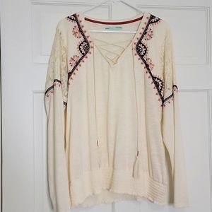 Maurices V Neck Tie Front Boho Long Sleeve Embroidery, XXL